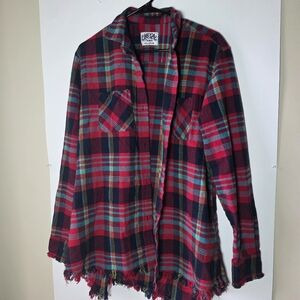 One 24 Rags Red Plaid Longsleeve Button Up Shirt Top Fringe XXL